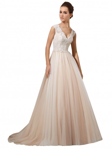 Ivoire & Champagne Trapèze Col V Tulle Dentelle Robes de mariée