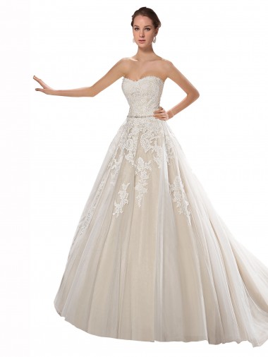 Ivoire & Champagne Trapèze Sans bretelle Tulle Dentelle Robes de mariée