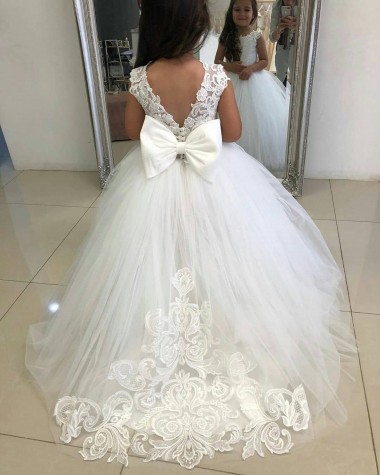 Ivoire Princesse Bateau Tulle Dentelle Longue Robes de demoiselle d'honneur - fillette