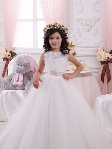 Ivoire Princesse Bateau Tulle Dentelle Longue Robes de demoiselle d'honneur - fillette