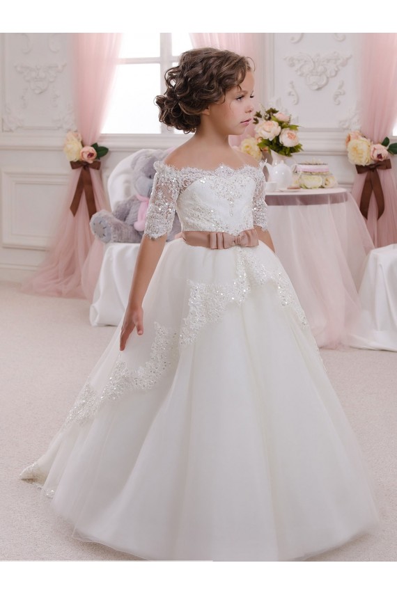 Ivoire Princesse Col Haut Tulle Dentelle Longue Robes de demoiselle d'honneur - fillette
