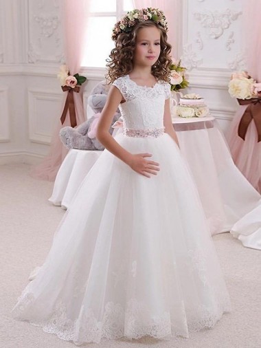 Ivoire Princesse Col Haut Tulle Dentelle Longue Robes de demoiselle d'honneur - fillette