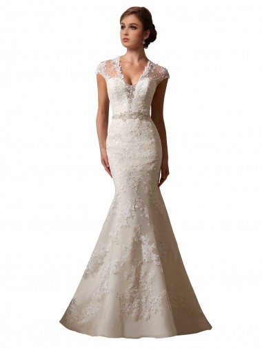 Ivoire Sirène Illusion Col V Tulle Dentelle Robes de mariée