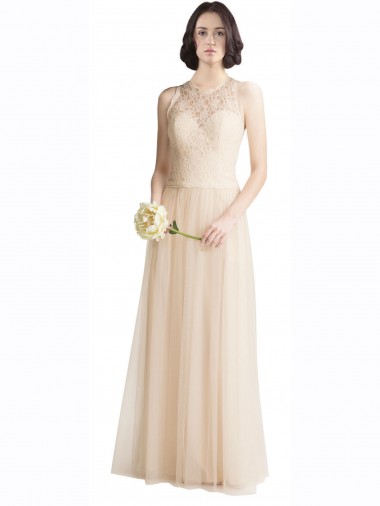 Ivoire Trapèze Bateau Illusion Tulle Dentelle Longue Robes demoiselle d'honneur