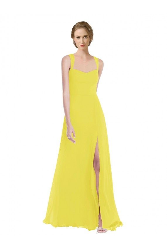 Jaune Trapèze Bretelles spaghetti Mousseline Longue Robes demoiselle d'honneur