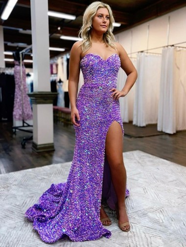 Lavande Trapèze Traîne moyenne Paillettes Velours Longue Robes de bal