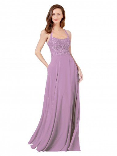 Lavande foncée Trapèze Bretelles spaghetti Mousseline Dentelle Longue Robes demoiselle d'honneur