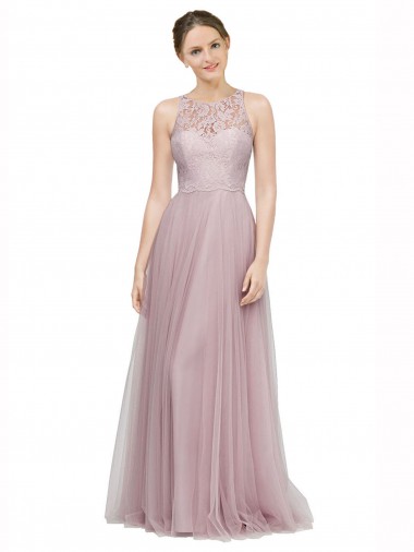 Light Lilac Trapèze Tulle Dentelle Longue Robes demoiselle d'honneur