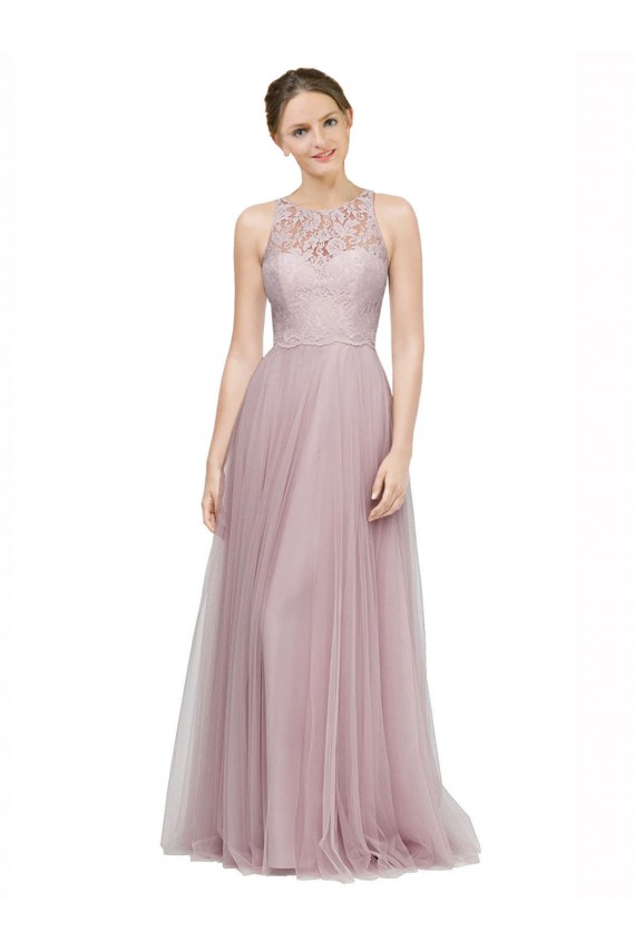 Light Lilac Trapèze Tulle Dentelle Longue Robes demoiselle d'honneur