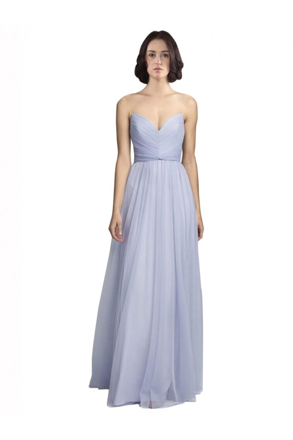 Lilas Trapèze Bretelles spaghetti Tulle Longue Robes demoiselle d'honneur