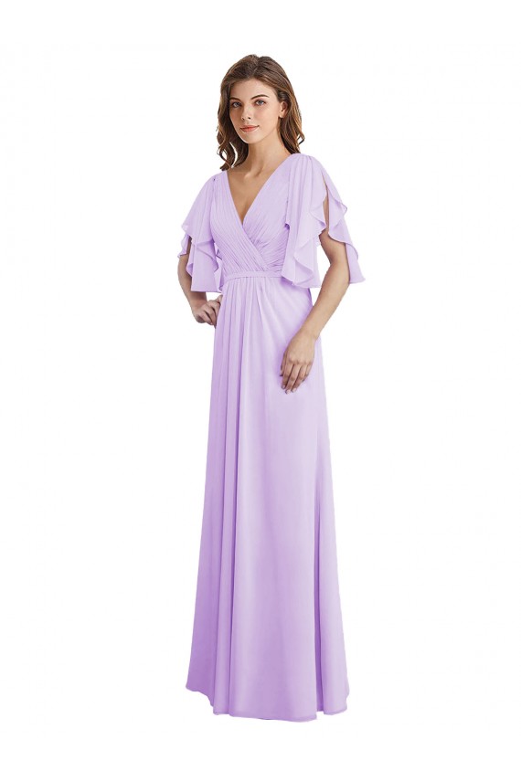 Lilas Trapèze Col V Mousseline Longue Robes demoiselle d'honneur