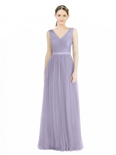 Lilas Trapèze Col V Tulle Longue Robes demoiselle d'honneur