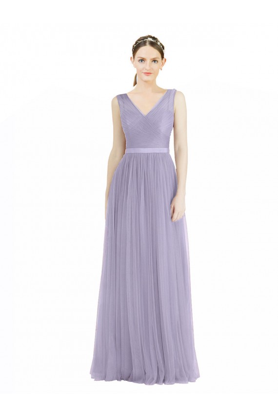 Lilas Trapèze Col V Tulle Longue Robes demoiselle d'honneur