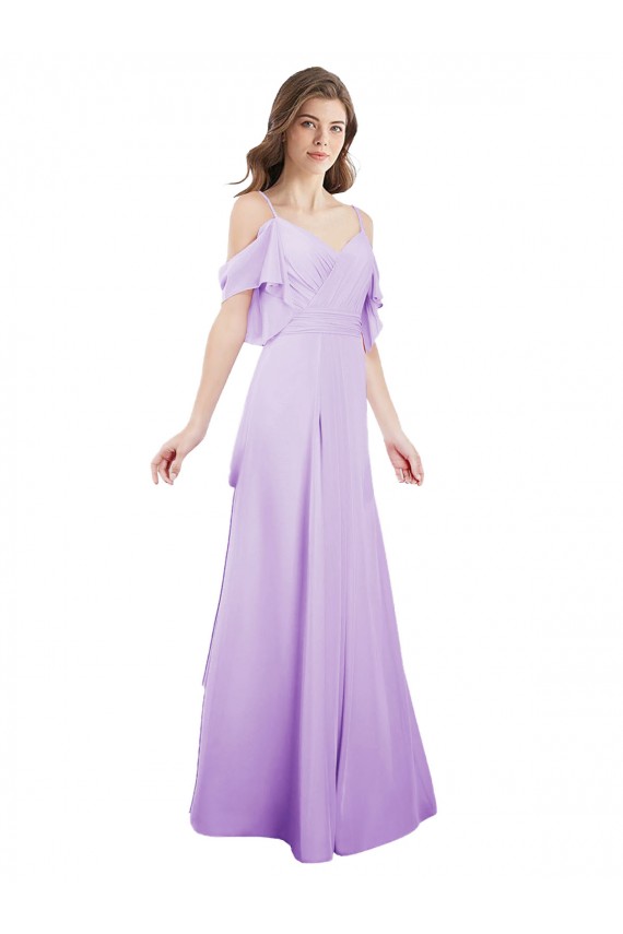 Lilas Trapèze Épaule Dénudée Bretelles spaghetti Mousseline Longue Robes demoiselle d'honneur