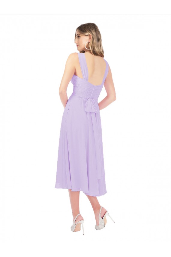 Lilas Trapèze midi Mousseline Courte Asymétrique Robes demoiselle d'honneur / Robes de cocktail