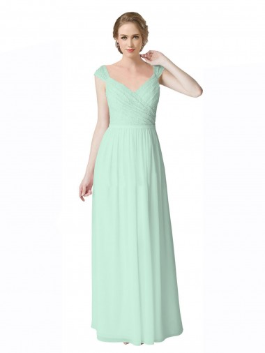 Menthe verte Trapèze Col V Mousseline Dentelle Longue Robes demoiselle d'honneur