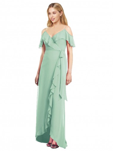 Menthe verte Trompette Bretelles spaghetti Col V Mousseline Longue Asymétrique Robes demoiselle d'honneur