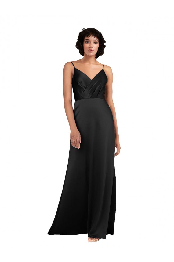 Noir Colonne Col V Satiné Soyeux Longue Asymétrique Formelles Robes demoiselle d'honneur / Robes de soirée / Robes de bal