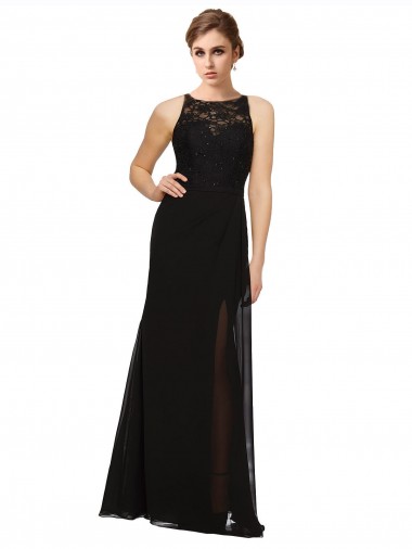 Noir Fourreau Col Haut Mousseline Dentelle Longue Robes demoiselle d'honneur
