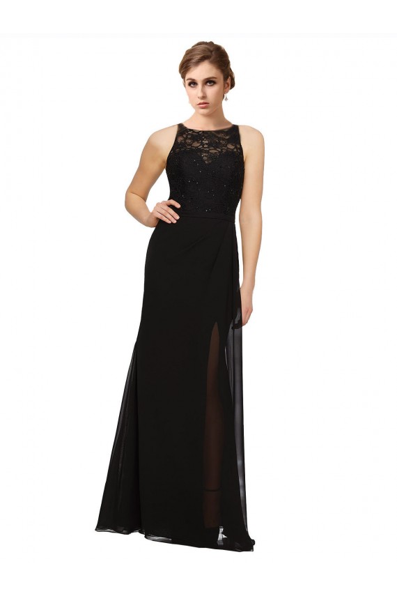 Noir Fourreau Col Haut Mousseline Dentelle Longue Robes demoiselle d'honneur
