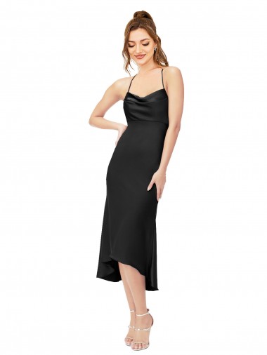 Noir Fourreau midi Satiné Soyeux Courte Asymétrique Robes demoiselle d'honneur / Robes de soirée / Robes de cocktail