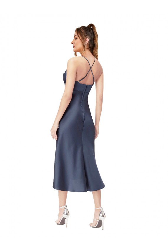 Noir Fourreau midi Satiné Soyeux Courte Asymétrique Robes demoiselle d'honneur / Robes de soirée / Robes de cocktail