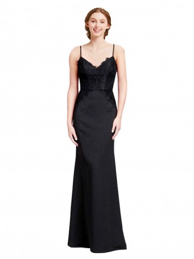 Noir Sirène Bretelles spaghetti Col V Crêpe Stretch Longue Robes demoiselle d'honneur / Robes de bal
