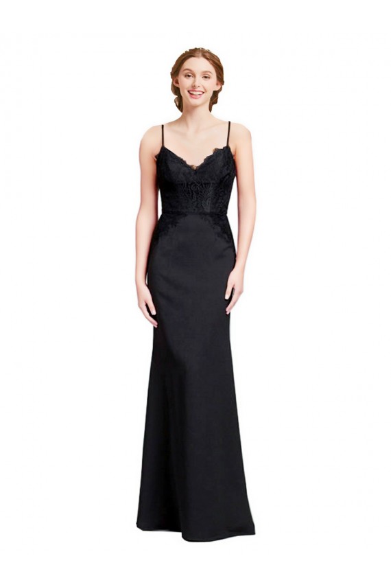 Noir Sirène Bretelles spaghetti Col V Crêpe Stretch Longue Robes demoiselle d'honneur / Robes de bal