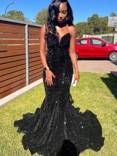 Noir Sirène Paillettes Velours Longue Robes de bal