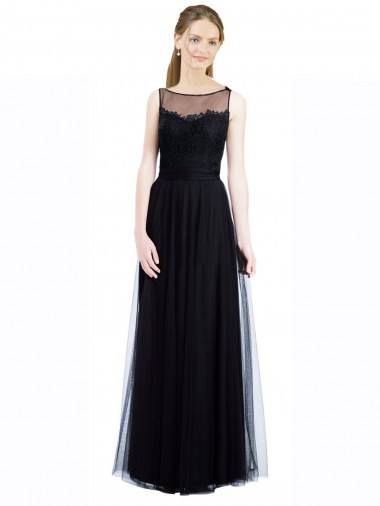 Noir Trapèze Bateau Illusion Tulle Dentelle Longue Robes demoiselle d'honneur