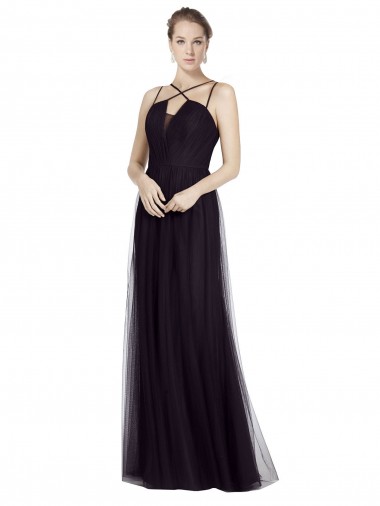 Noir Trapèze Bretelles spaghetti Col Haut Tulle Longue Robes demoiselle d'honneur