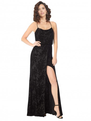 Noir Trapèze Bretelles spaghetti Velours Floral Velours Stretch Longue Robes demoiselle d'honneur
