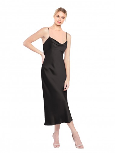 Noir Trapèze Bretelles spaghetti midi Satiné Stretch Courte Robes demoiselle d'honneur / Robes de soirée / Robes de cocktail