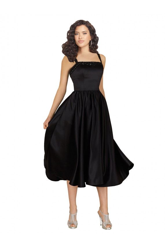 Noir Trapèze Col Carré Satiné Courte Robes demoiselle d'honneur / Robes de bal / Robes de cocktail