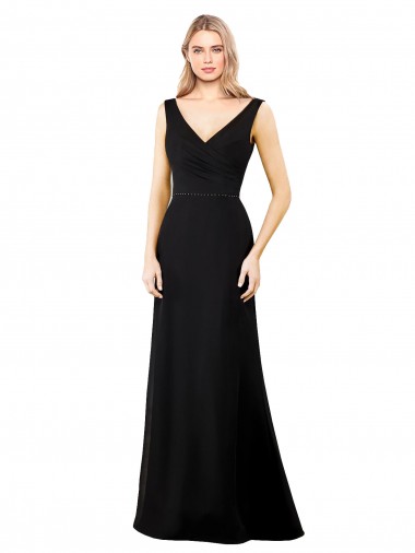 Noir Trapèze Col V Mousseline Longue Robes demoiselle d'honneur / Robes de bal