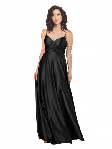 Noir Trapèze Col V Satiné Soyeux Longue Formelles Robes demoiselle d'honneur / Robes de soirée / Robes de bal