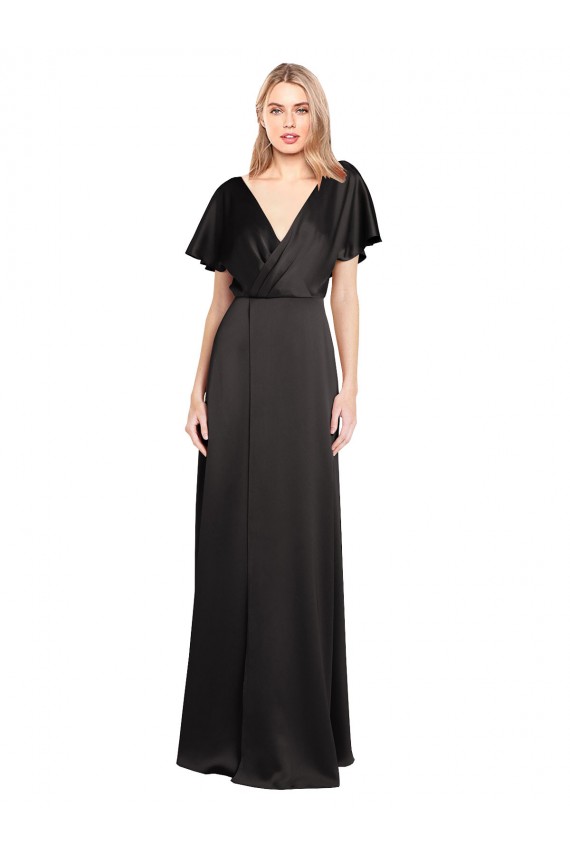 Noir Trapèze Col V Satiné Stretch Longue Formelles Robes demoiselle d'honneur / Robes de soirée / Robes de bal
