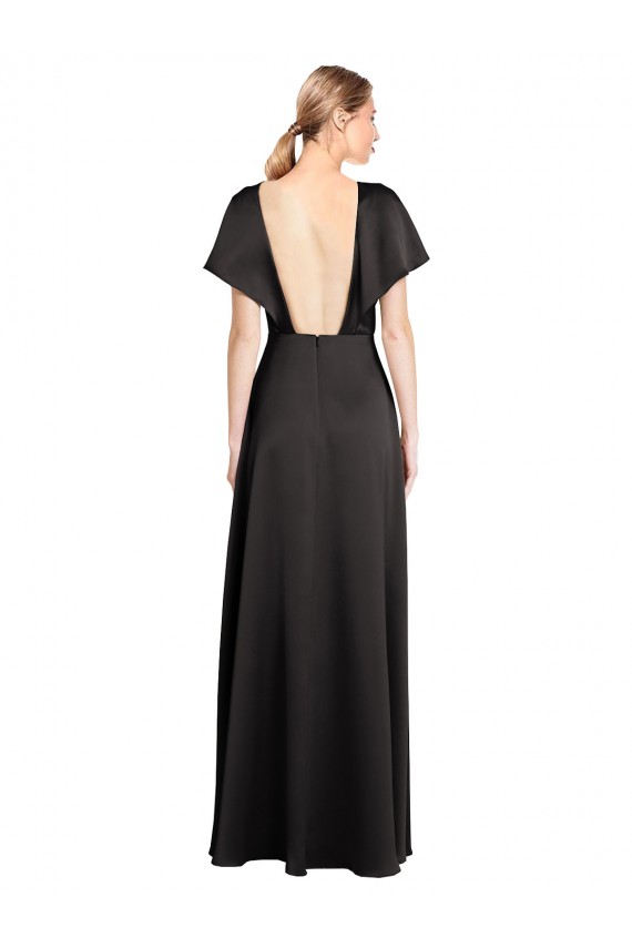 Noir Trapèze Col V Satiné Stretch Longue Formelles Robes demoiselle d'honneur / Robes de soirée / Robes de bal