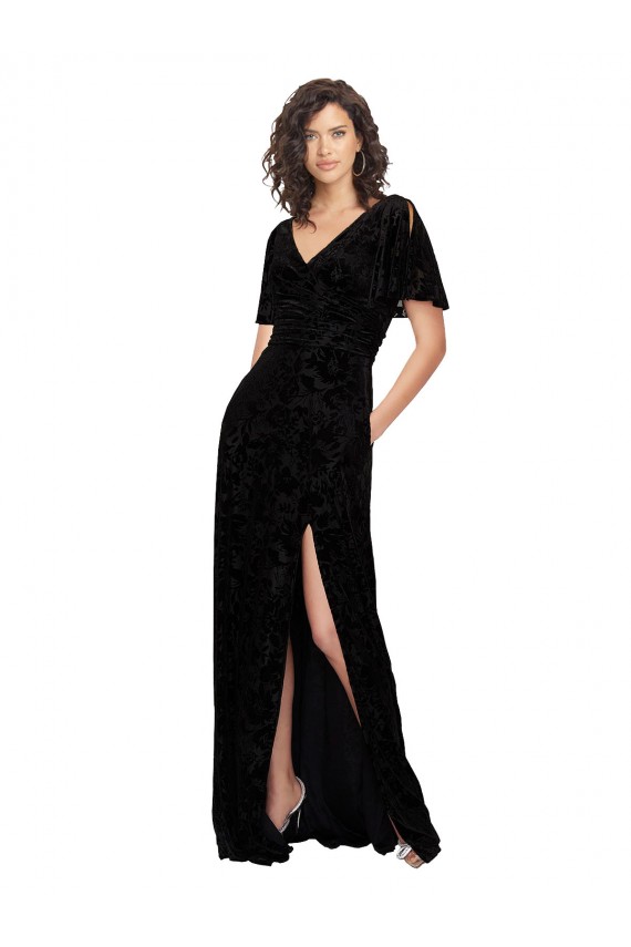 Noir Trapèze Col V Velours Floral Velours Stretch Longue Robes demoiselle d'honneur