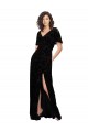 Noir Trapèze Col V Velours Floral Velours Stretch Longue Robes demoiselle d'honneur