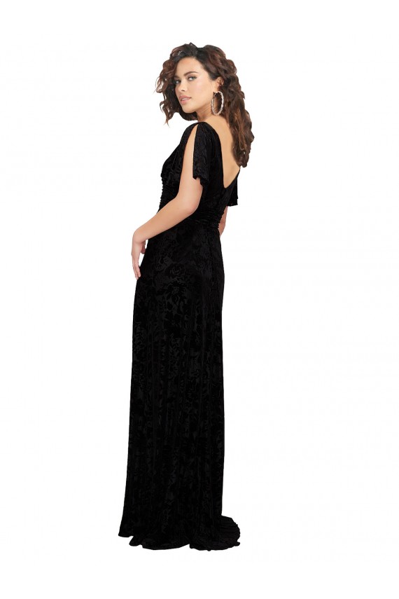 Noir Trapèze Col V Velours Floral Velours Stretch Longue Robes demoiselle d'honneur