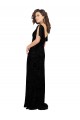 Noir Trapèze Col V Velours Floral Velours Stretch Longue Robes demoiselle d'honneur