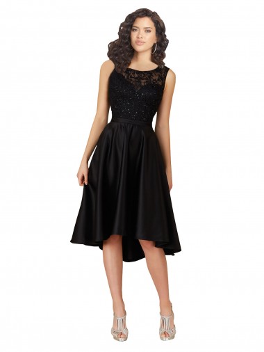 Noir Trapèze Illusion midi Satiné Dentelle Courte Asymétrique Robes demoiselle d'honneur / Robes de cocktail