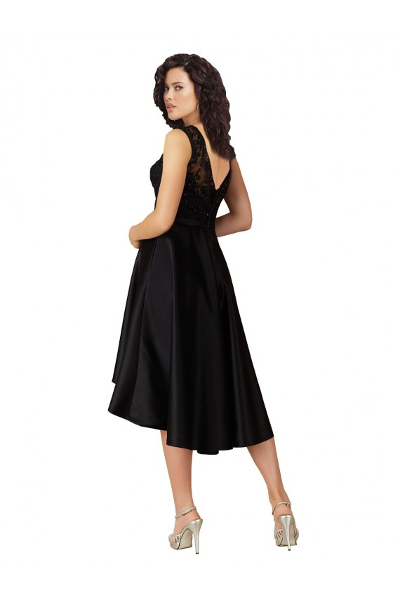 Noir Trapèze Illusion midi Satiné Dentelle Courte Asymétrique Robes demoiselle d'honneur / Robes de cocktail