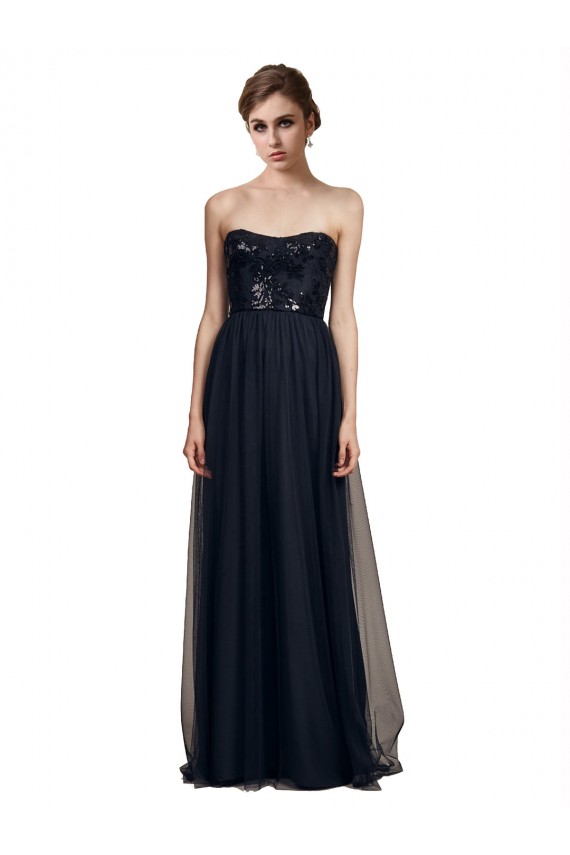 Noir Trapèze Sans bretelle Tulle Longue Robes demoiselle d'honneur
