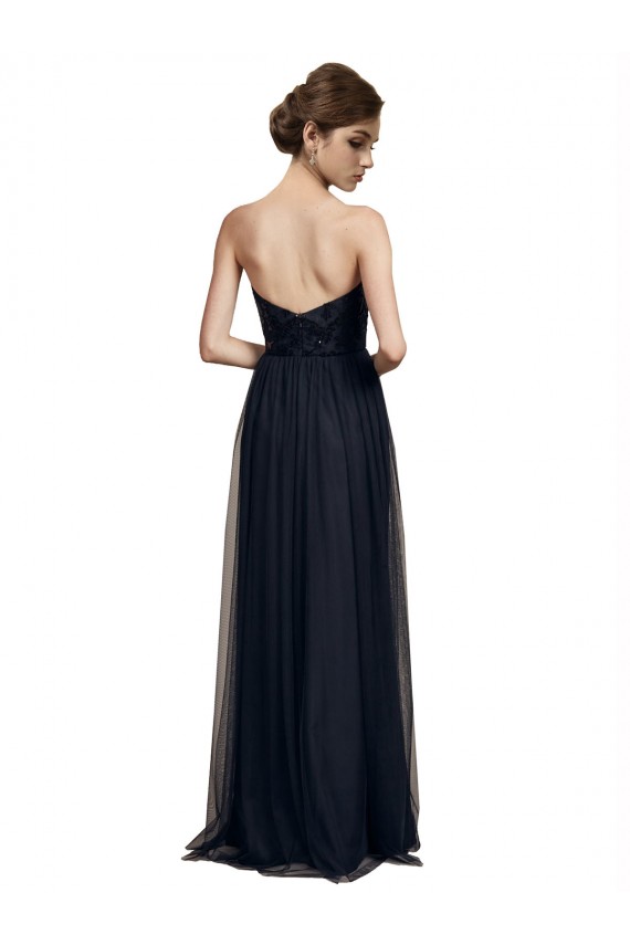Noir Trapèze Sans bretelle Tulle Longue Robes demoiselle d'honneur
