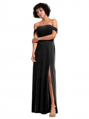 Noir Trapèze Épaule Dénudée Sans bretelle Velours Stretch Longue Formelles Robes demoiselle d'honneur / Robes de soirée / Robes de bal