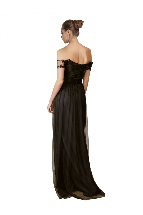 Noir Trapèze Épaule Dénudée Tulle Paillette Longue Robes demoiselle d'honneur