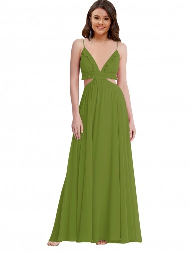 Olive verte Trapèze Col V Mousseline Longue Robes demoiselle d'honneur