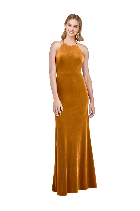Or Trapèze Licou Col Haut Velours Stretch Longue Formelles Robes demoiselle d'honneur / Robes de soirée / Robes de bal